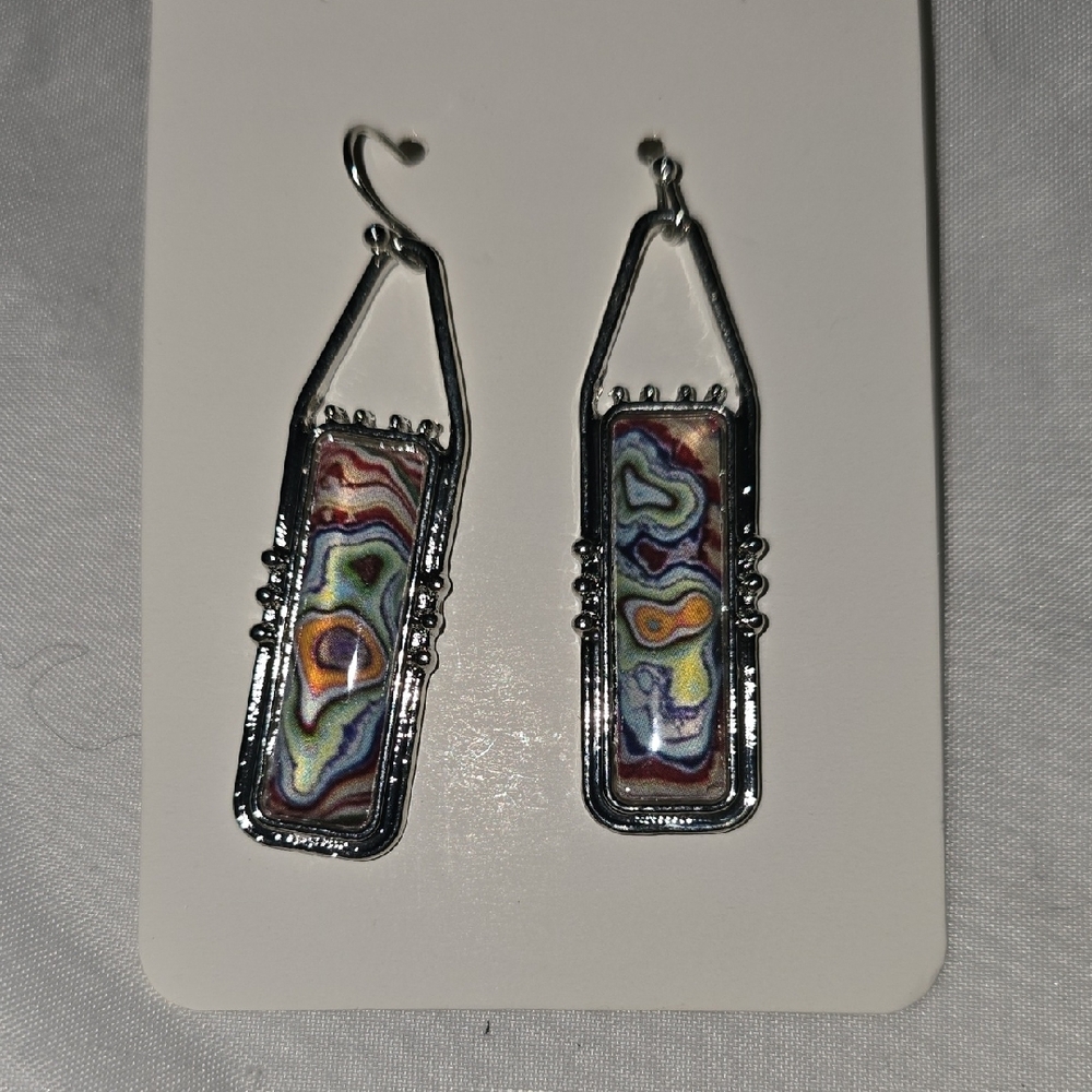 Silver Cage Drop Earrings with MultiColored Stone Inlay